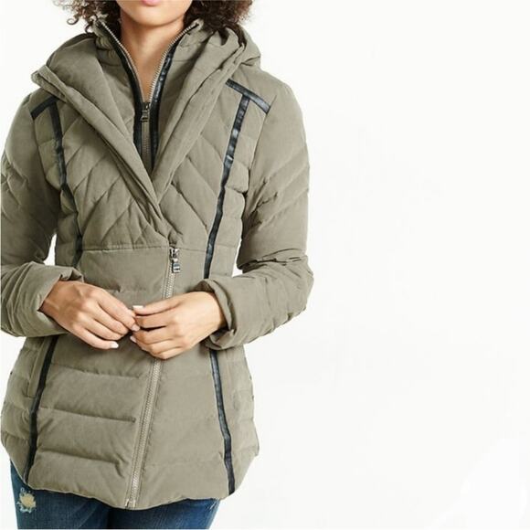 Express fur trim hooded Parka puffer green down filled warm coat jacket small - Picture 11 of 14